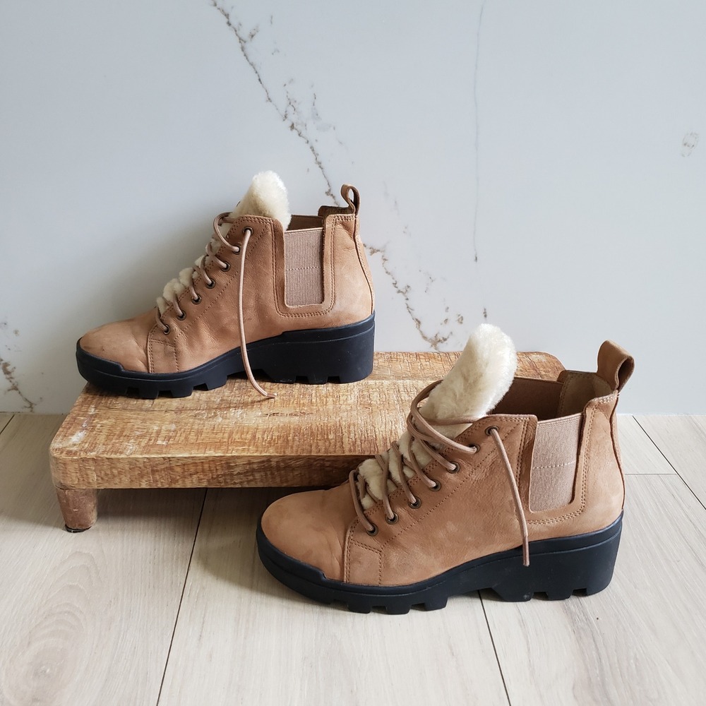 Eileen Fisher Boots Womens 6.5 Tan Leather Shearling Lace Up Hiking Lug Sole